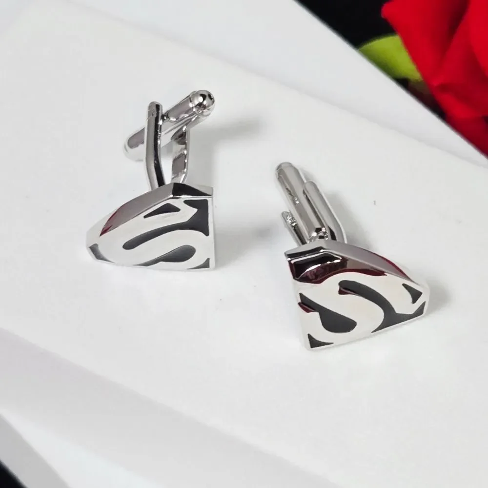 Black Superman Logo Mens Novelty French Cufflinks Silver Plated Bullet Back Gift
